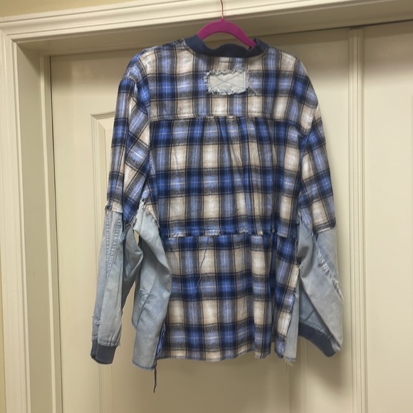 New POL brand denim multi media flannel pullover on blue plaid, S, M, L - Picture 2 of 6